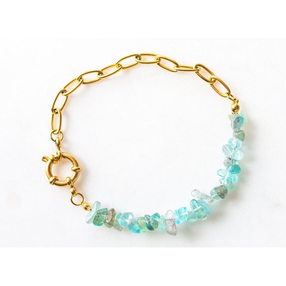 Statement Bracelet Gemstone Ocean Blue Apatite Chips Chunky Gold Chain Boho - Picture 2 of 10